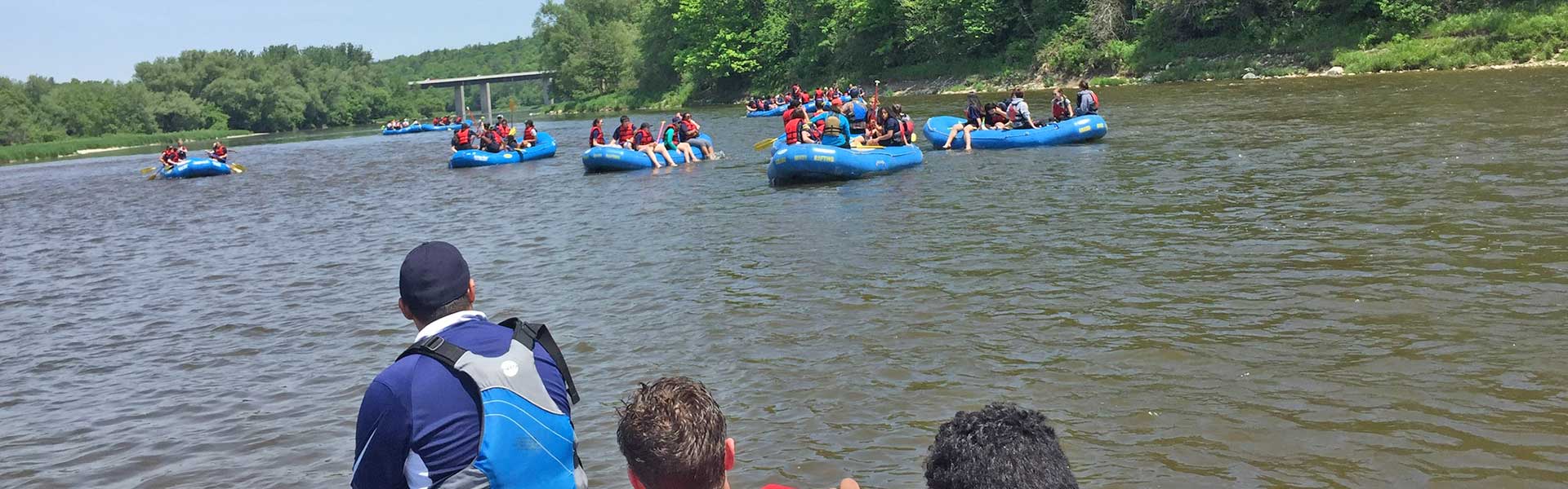 A large Grand River Rafting school group doing a floating classroom down the Grand River