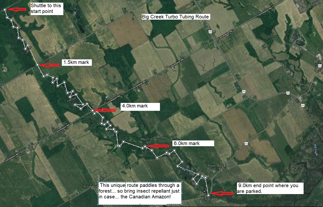 A map of the Turbo Tubing route on Big Creek near Turkey Point and Long Point Ontario